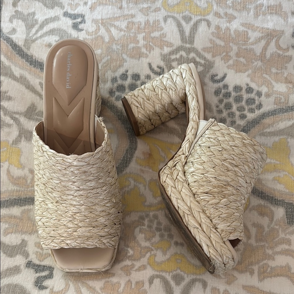 Charles David Natural Woven Heeled Mules 9.5